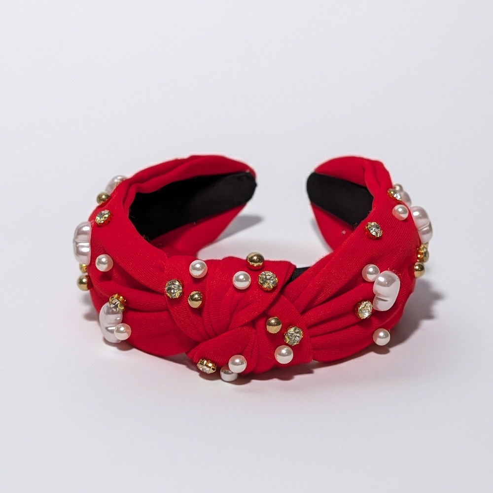 Red Pearl & Rhinestone Embellished Knot Headband – Statement Luxe
